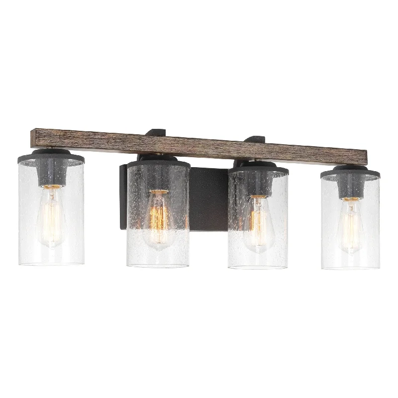 Durable Industrial Lighting for Harsh EnvironmentsKira Home Oakmont 28" 4-Light Farmhouse Vanity / Bathroom Light + Seeded Glass Shades, Reclaimed Oak Wood Style + Textured Black Finish