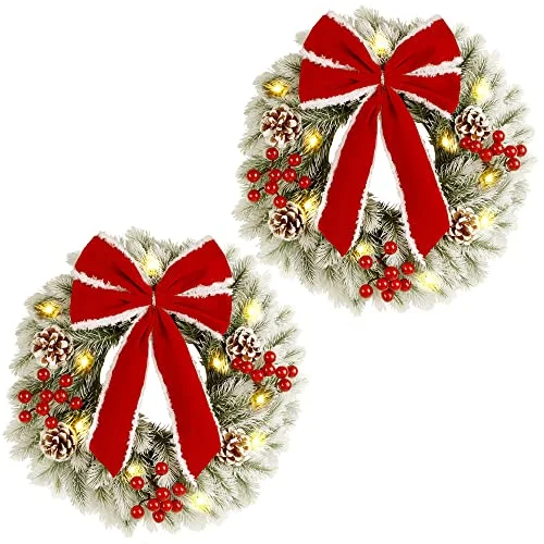 String Lights with Multicolored Bulbs for Festive OccasionsLighted Christmas Wreaths, 13 Inch Pre-lit Small Xmas Wreath with Large Red Bow, Pine Needle Wreath with LED Lights, for Front Door Holiday Wall Christmas Party Decorations - 2 Pack String Lights with Multicolored Bulbs for Festive OccasionsLighted Christmas Wreaths, 13 Inch Pre-lit Small Xmas Wreath with Large Red Bow, Pine Needle Wreath with LED Lights, for Front Door Holiday Wall Christmas Party Decorations - 2 Pack
