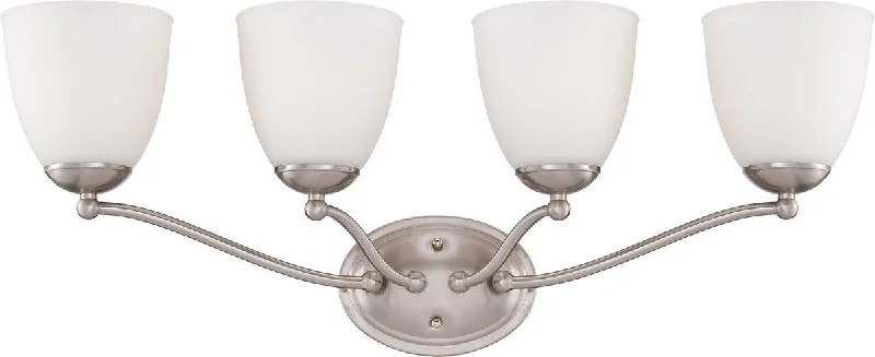 Nuvo Lighting 60-5054 Patton Collection Four Light Energy Star Efficient GU24 Bath Vanity Wall Mount in Brushed Nickel Finish Nuvo Lighting 60-5054 Patton Collection Four Light Energy Star Efficient GU24 Bath Vanity Wall Mount in Brushed Nickel Finish
