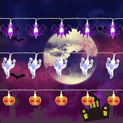 Waterproof String Lights for Patio DecorHalloween String Lights - Total 90 LED 35.4ft - Battery Operated - Purple Bat, White Ghost, Orange Pumpkin String Lights - 3 Pack Waterproof String Lights for Patio DecorHalloween String Lights - Total 90 LED 35.4ft - Battery Operated - Purple Bat, White Ghost, Orange Pumpkin String Lights - 3 Pack