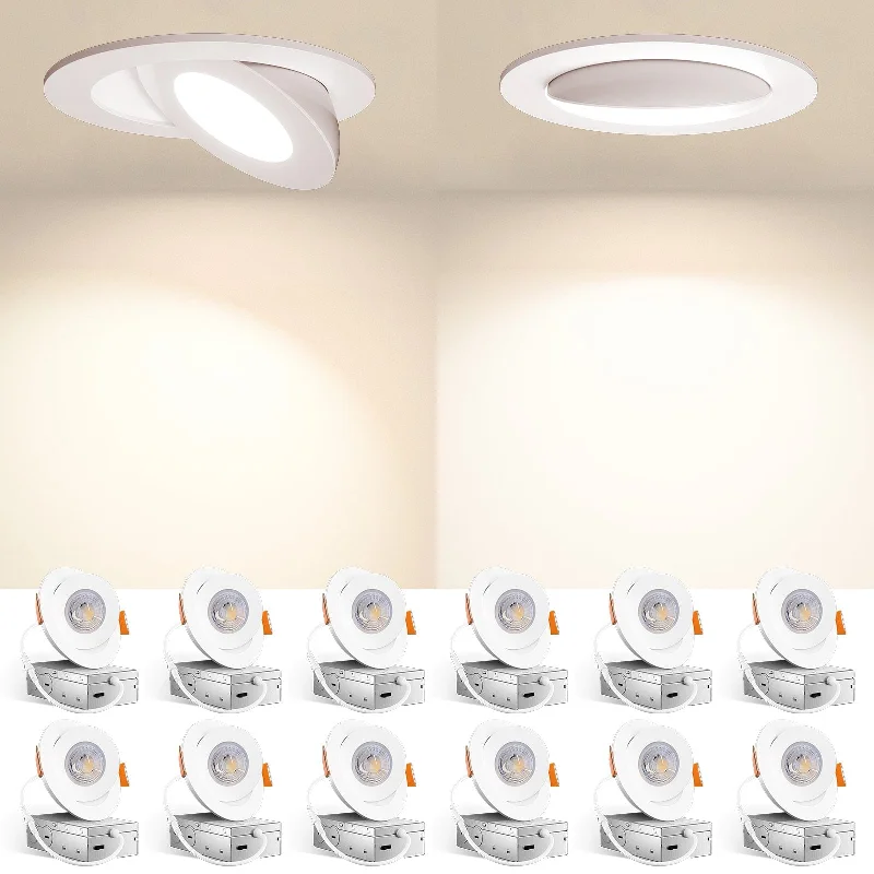 Adjustable Industrial Lighting for Flexible Illumination12 Pack 4-Inch White Dimmable Recessed Eyeballl Downlight, 5CCT 2700K/3000K/3500K/4000K/5000K, 9W, 700LM Adjustable Industrial Lighting for Flexible Illumination12 Pack 4-Inch White Dimmable Recessed Eyeballl Downlight, 5CCT 2700K/3000K/3500K/4000K/5000K, 9W, 700LM