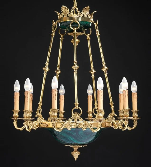 Oversized Chandeliers as a Statement Piece in Living Rooms10 Light French Gold Chandelier With Malachite Bowl