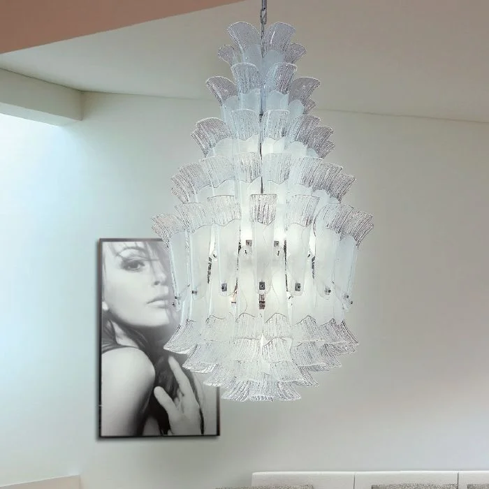 Chandeliers with Metal Frames in Silver Finish110 Cm Tall Pink, White Or Amber Murano Glass Chandelier Chandeliers with Metal Frames in Silver Finish110 Cm Tall Pink, White Or Amber Murano Glass Chandelier