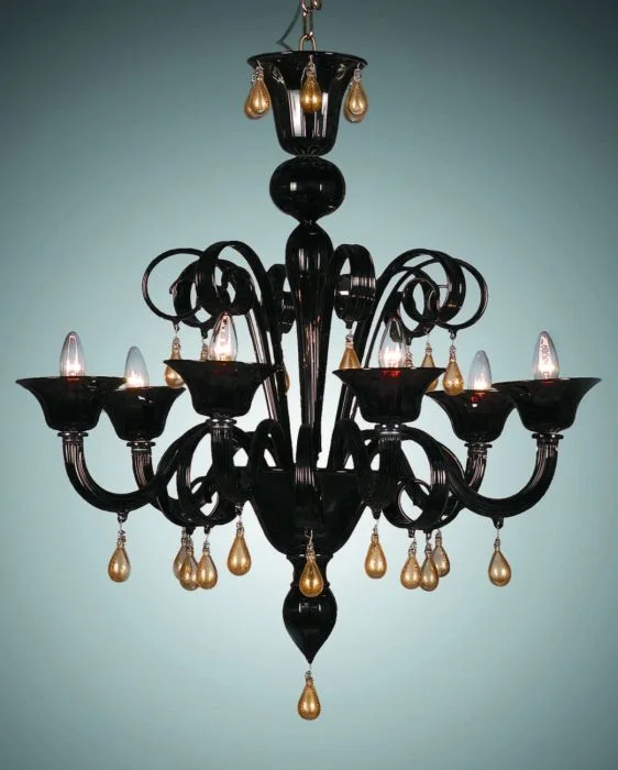 Incandescent Chandeliers for a Warm and Traditional GlowBlack Murano Glass Chandelier With Gold Droplets Incandescent Chandeliers for a Warm and Traditional GlowBlack Murano Glass Chandelier With Gold Droplets