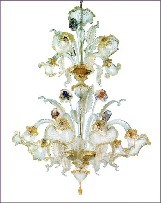 Chandeliers with Multiple Lights for Maximum IlluminationClear Murano Chandelier With Gold & Multi-Colour Trim In 9 Sizes Chandeliers with Multiple Lights for Maximum IlluminationClear Murano Chandelier With Gold & Multi-Colour Trim In 9 Sizes