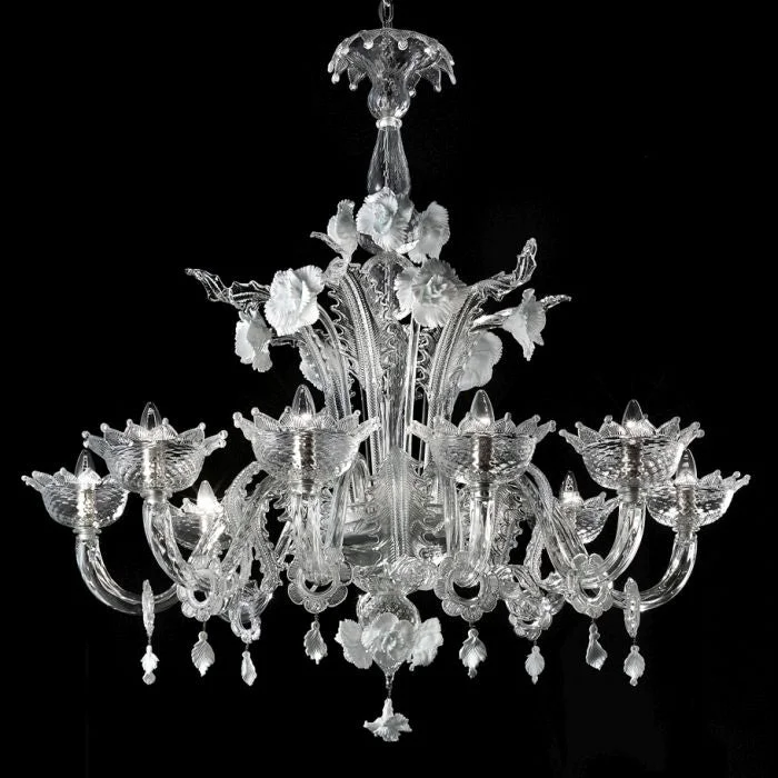 Chandeliers with Sputnik - Style Design for a Futuristic VibeClear Murano Glass Chandelier In 3 Sizes With White Flowers Chandeliers with Sputnik - Style Design for a Futuristic VibeClear Murano Glass Chandelier In 3 Sizes With White Flowers