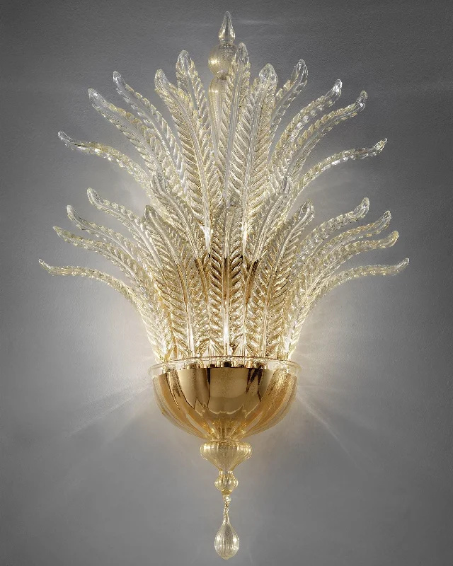 Chandeliers with Metal Frames in Bronze FinishClear Murano Glass Leaf Wall Light With Gold Or Silver Chandeliers with Metal Frames in Bronze FinishClear Murano Glass Leaf Wall Light With Gold Or Silver