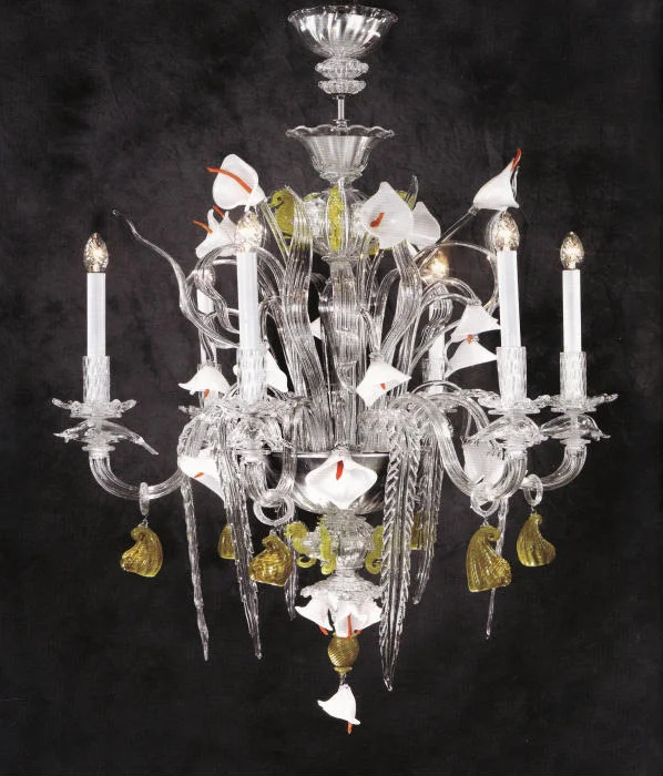 Chandeliers with Metal Frames in Black FinishIppocampo White & Orange Murano Glass Lily Chandelier Chandeliers with Metal Frames in Black FinishIppocampo White & Orange Murano Glass Lily Chandelier