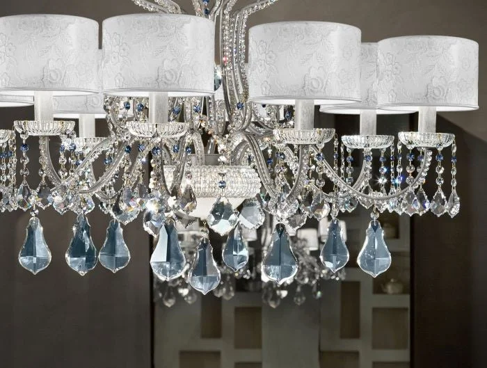 Mini Chandeliers for Adding Charm to Small SpacesItalian Crystal & Chrome Chandelier With 8 White Lace Shades Mini Chandeliers for Adding Charm to Small SpacesItalian Crystal & Chrome Chandelier With 8 White Lace Shades
