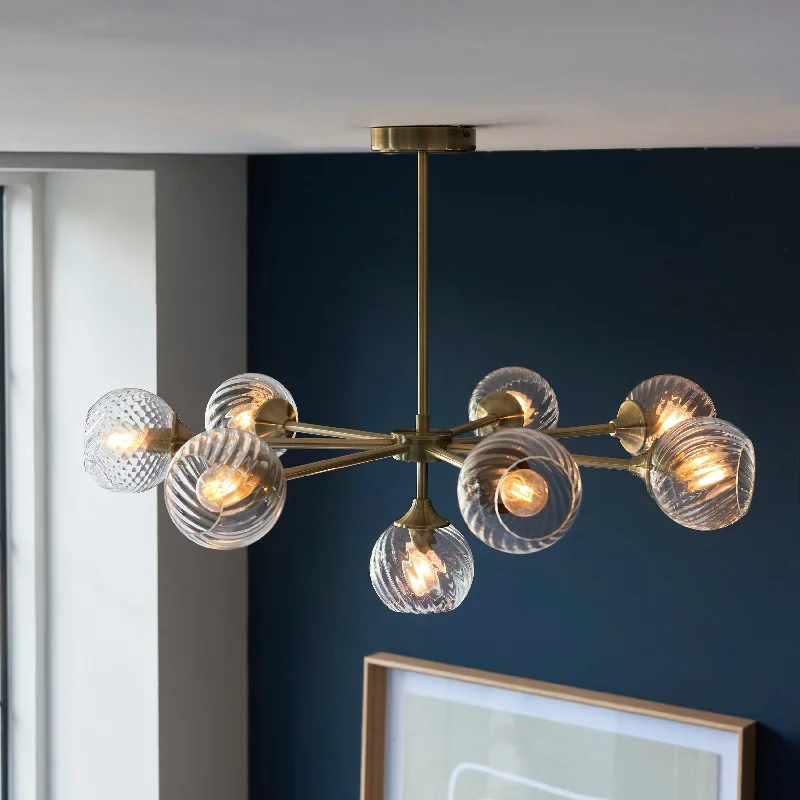 Incandescent Chandeliers for a Warm and Traditional GlowAllegretto 8Lt Indoor Pendant Light In Antique Brass Plate & Clear Spiral Glass Finish Incandescent Chandeliers for a Warm and Traditional GlowAllegretto 8Lt Indoor Pendant Light In Antique Brass Plate & Clear Spiral Glass Finish