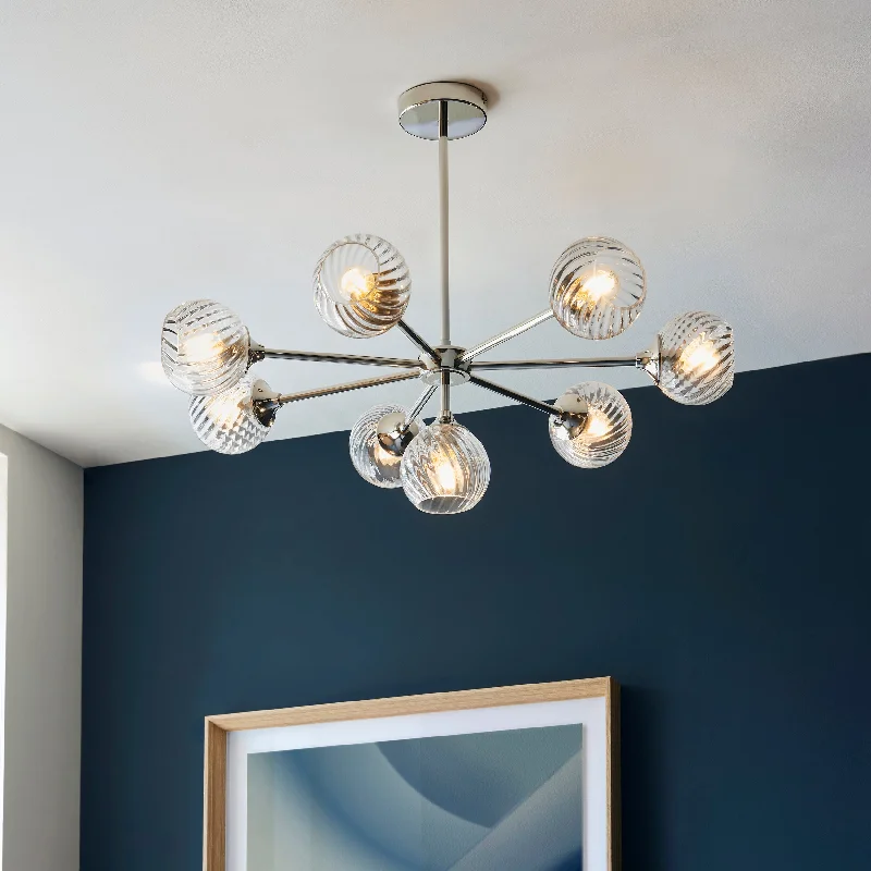 Victorian - Inspired Chandeliers with Ornate DetailsAllegretto 8Lt Indoor Pendant Light In Bright Nickel Plate & Clear Spiral Glass Finish Victorian - Inspired Chandeliers with Ornate DetailsAllegretto 8Lt Indoor Pendant Light In Bright Nickel Plate & Clear Spiral Glass Finish