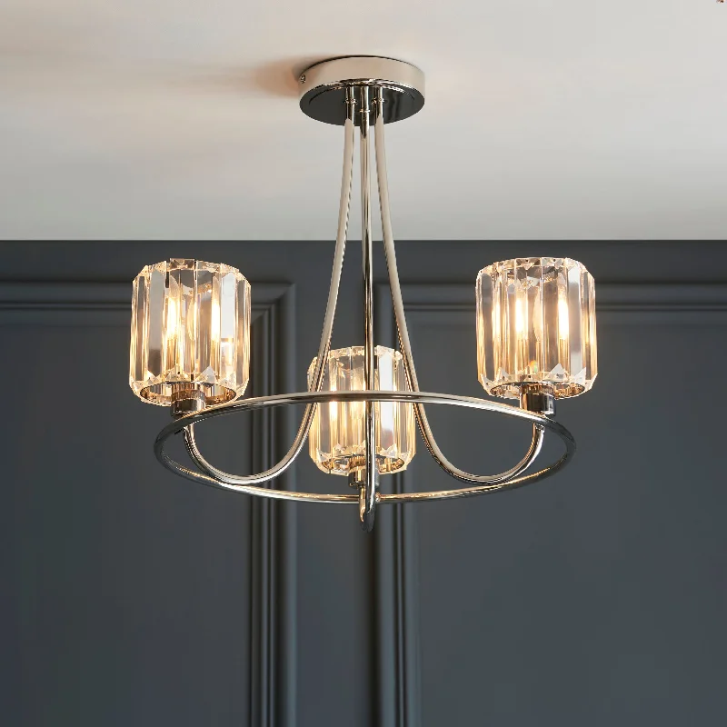 Chandeliers with Colored Glass for a Splash of ColorBernadette 3Lt Indoor Semi Flush Light In Bright Nickel Plate & Clear Glass Finish Chandeliers with Colored Glass for a Splash of ColorBernadette 3Lt Indoor Semi Flush Light In Bright Nickel Plate & Clear Glass Finish