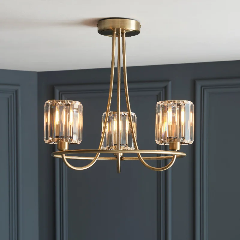 Rustic Wood Chandeliers for Country - Style HousesBernadette 3Lt Indoor Semi Flush Light In Antique Brass Plate & Clear Glass Finish