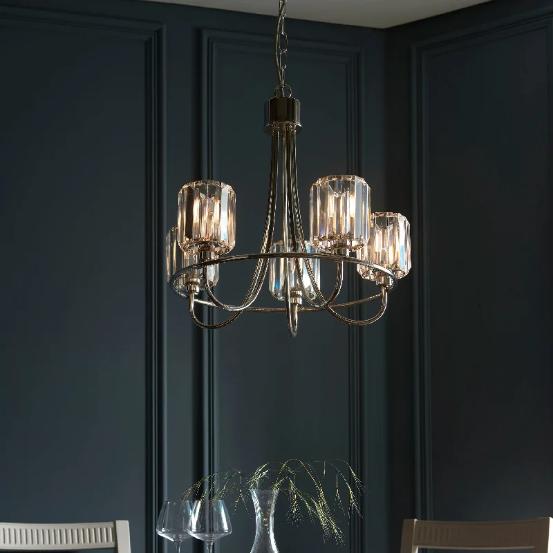 Chandeliers for High Ceilings to Fill Vertical SpaceBernadette 5Lt Indoor Pendant Light In Bright Nickel Plate & Clear Glass Finish Chandeliers for High Ceilings to Fill Vertical SpaceBernadette 5Lt Indoor Pendant Light In Bright Nickel Plate & Clear Glass Finish