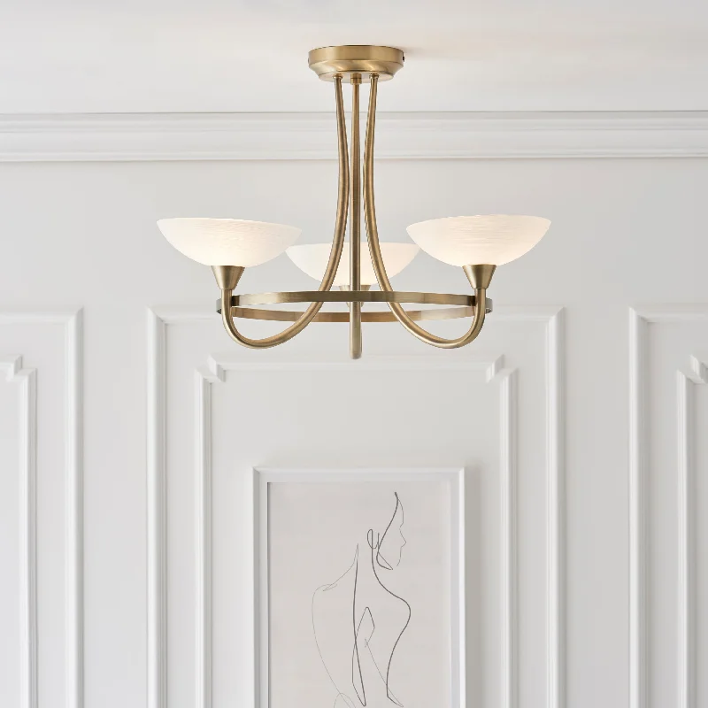 Chandeliers with Sputnik - Style Design for a Futuristic VibeBogart 3Lt Indoor Semi Flush Light In Antique Brass Plate & White Glass Finish Chandeliers with Sputnik - Style Design for a Futuristic VibeBogart 3Lt Indoor Semi Flush Light In Antique Brass Plate & White Glass Finish