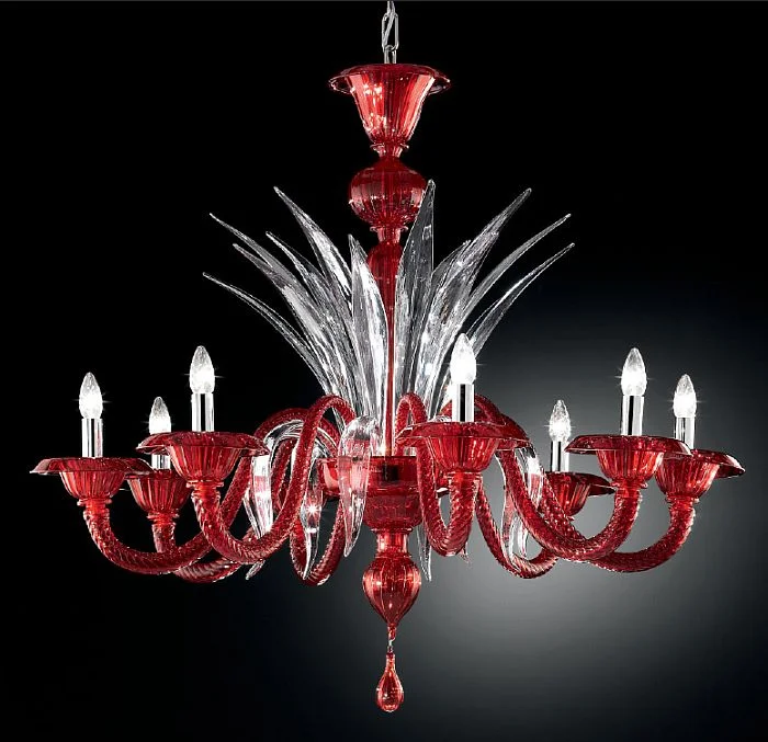 Chandeliers with Adjustable Height for Custom InstallationModern Red, Black, Or White Murano Glass Chandelier With Clear Glass Detail Chandeliers with Adjustable Height for Custom InstallationModern Red, Black, Or White Murano Glass Chandelier With Clear Glass Detail