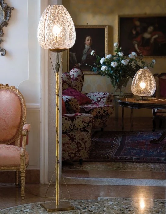 Chandeliers with Clear Crystal for a Sparkling EffectClear Traditional Venetian Baloton Floor Light With Gold Leaf Base Chandeliers with Clear Crystal for a Sparkling EffectClear Traditional Venetian Baloton Floor Light With Gold Leaf Base