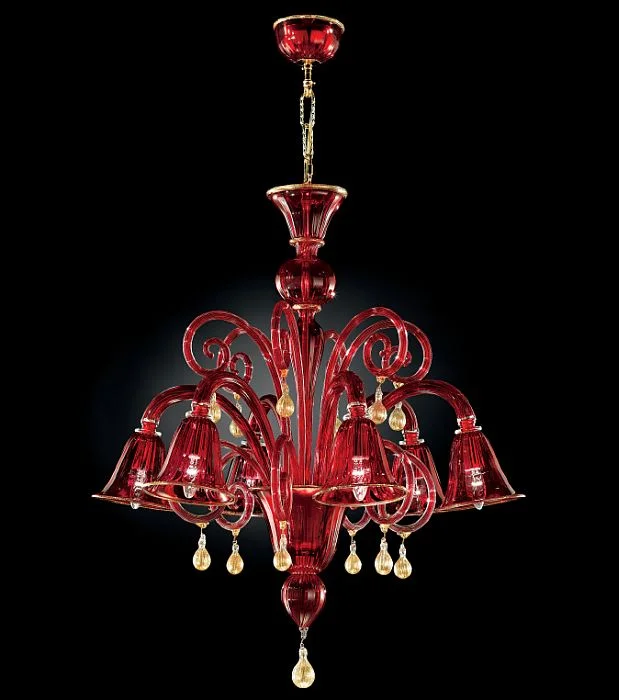 Chandeliers with Metal Frames in Gold FinishRed Murano Glass Chandelier With 6 Bell-Shaped Lights