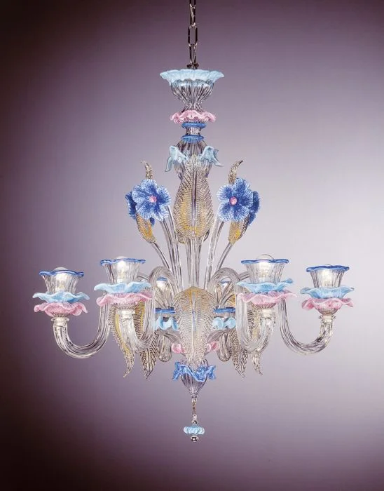 Chandeliers with Metal Frames in Copper FinishVenetian Chandelier With Blue, Pink And Gold Accents Chandeliers with Metal Frames in Copper FinishVenetian Chandelier With Blue, Pink And Gold Accents