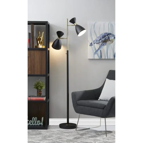 Fabric Floor Lamp with a Linen Shade for a Relaxed AestheticTwo Light Brass Cinch Floor Lamp in Black Metal By Homeroots