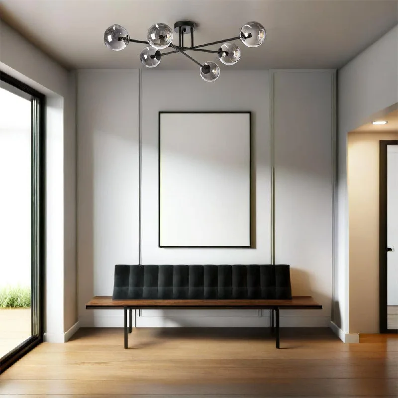 Industrial Style Ceiling Lights with Exposed Bulbs and Metal CagesRizz Semi-Flush Mount Pendant Light 6Lt in Black or Gold
